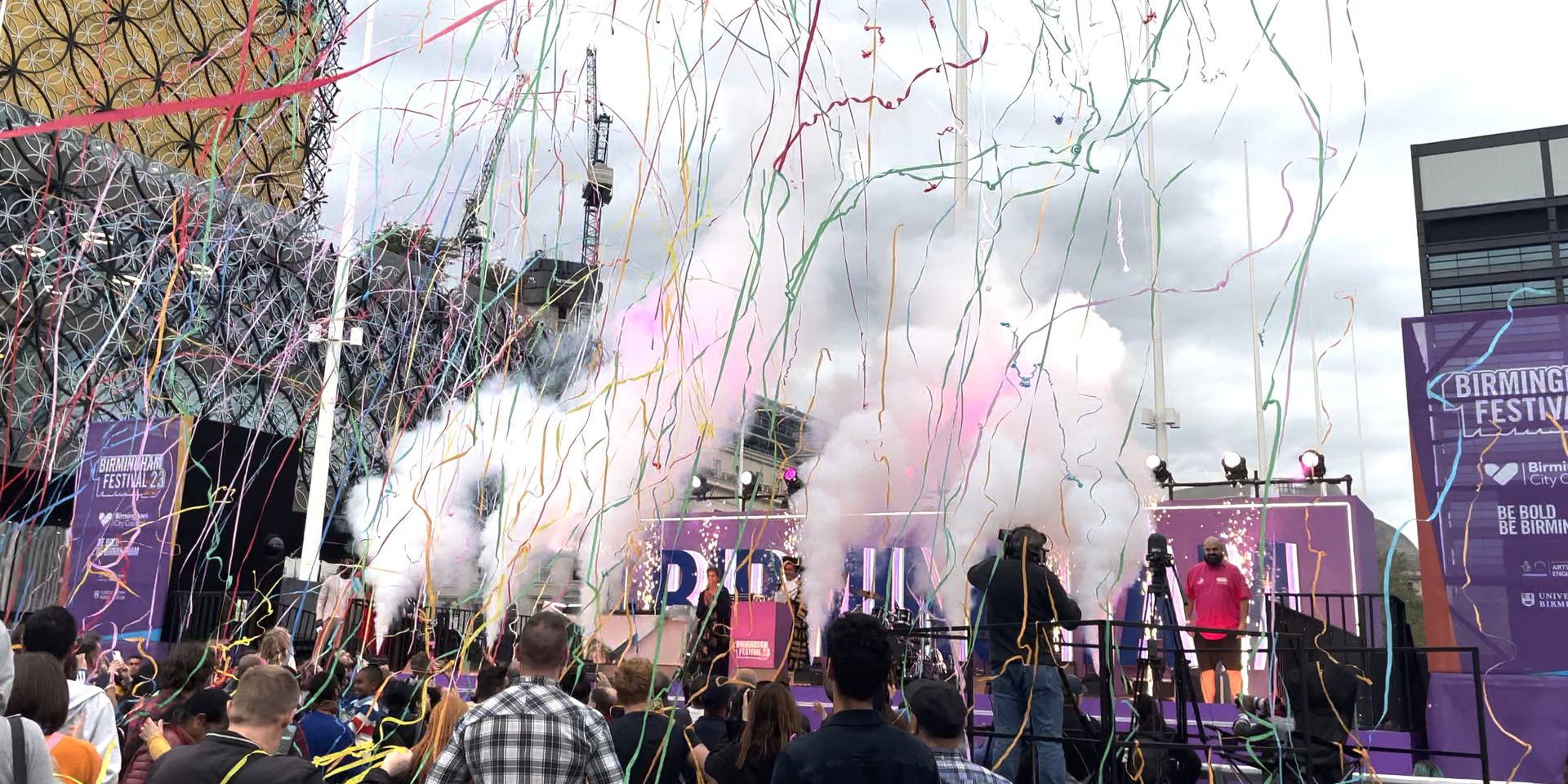 Streamers and confetti over the main stage at Birmingham Festival