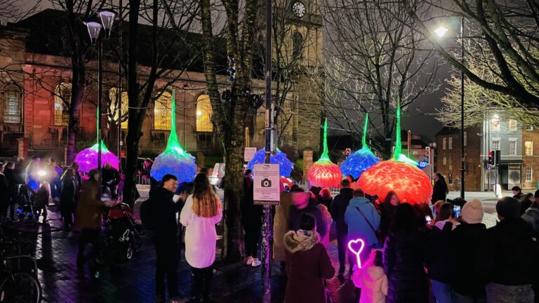 Visitors gathered around illuminated flower sculptures at Light Nights in Worcester