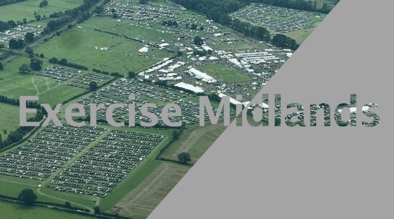 Title slide for the ASAO Midlands table-top exercise over an aerial view of a showground