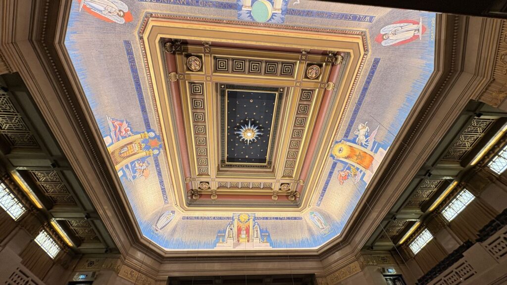 The ornate ceiling of Freemasons’ Hall, London