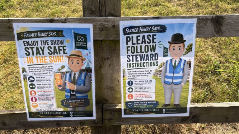 “Stay safe in the sun” and “Please follow steward instructions” posters at Staffordshire County Show